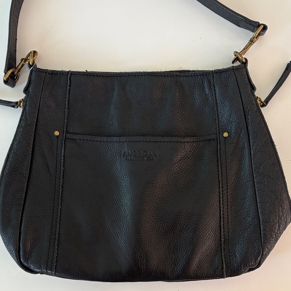 AMERICAN LEATHER COMPANY BLACK SHOULDER BAG BRASS HARDWARE SNAP POCKET ON FRONT